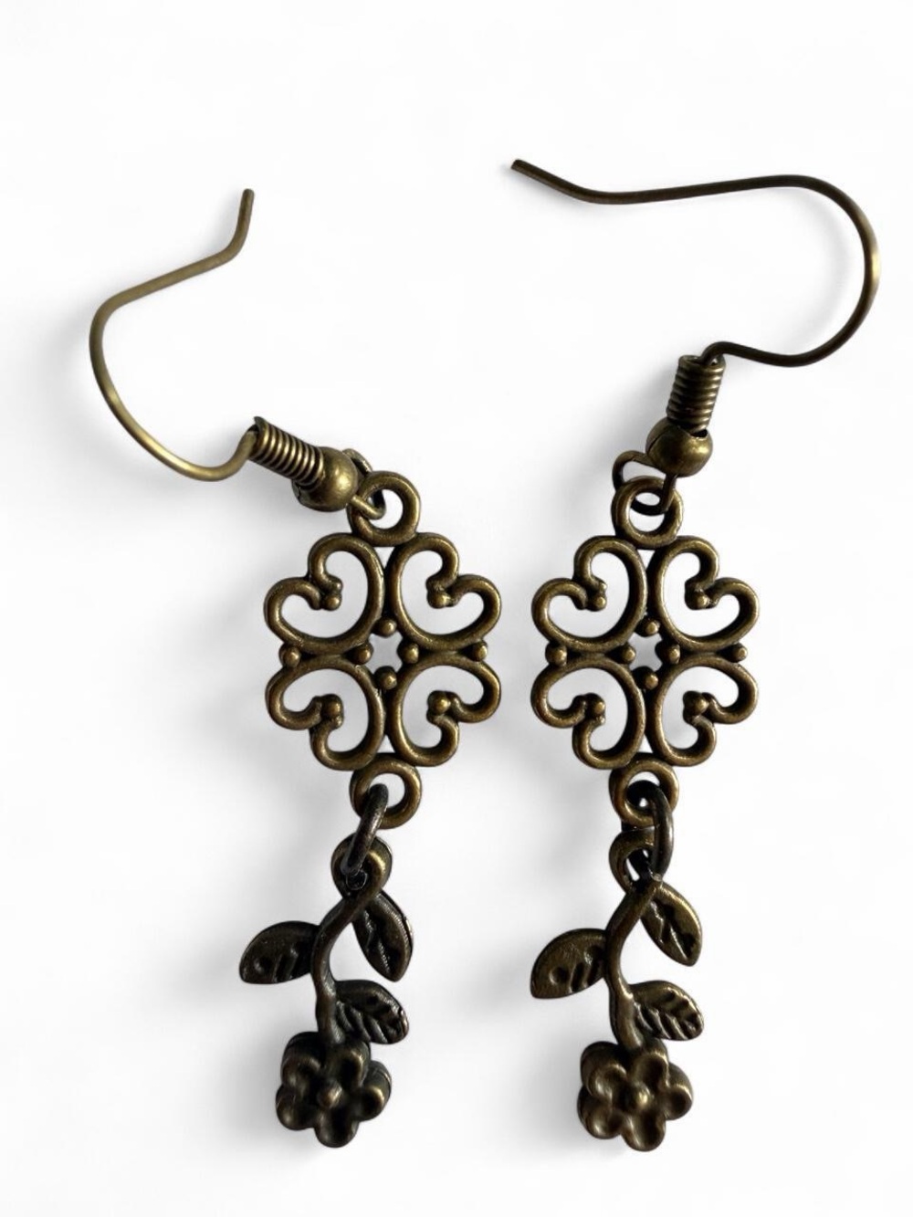 Handmade Bronze Filigree Floral Dangle Earrings - Boho Vintage Style